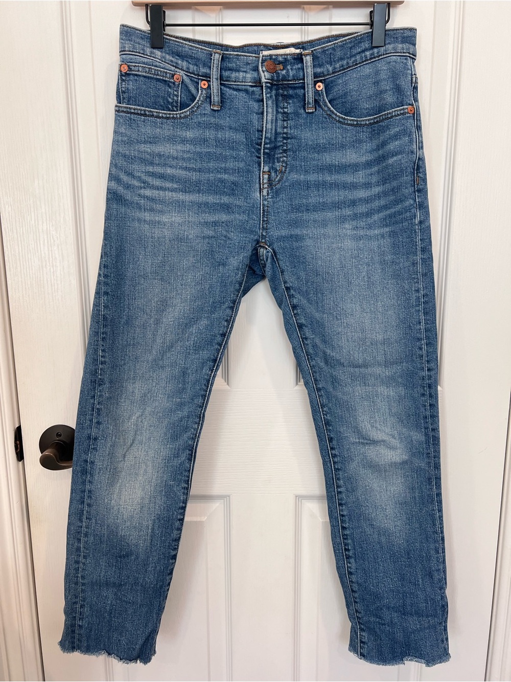 Madewell Tomboy Straight Jeans in Medium Blue Wash with raw hem